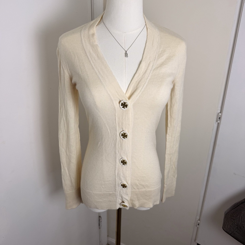 TORY BURCH CREAM MERINO WOOL CARDIGAN SWEATER SIZE: XS